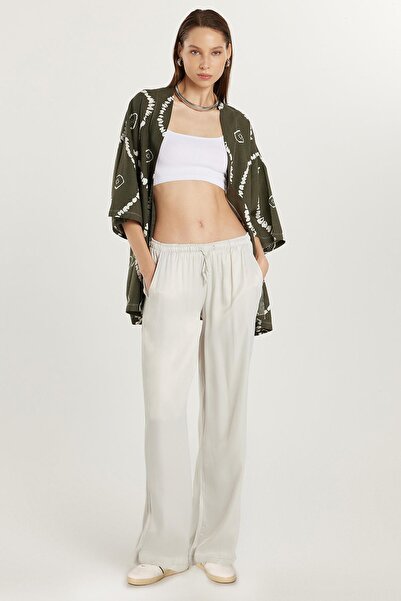 Tudors Kadın Regular Fit Beli Lastikli Bağlamalı Saten Palazzo Geniş Paça Gri Pantolon
