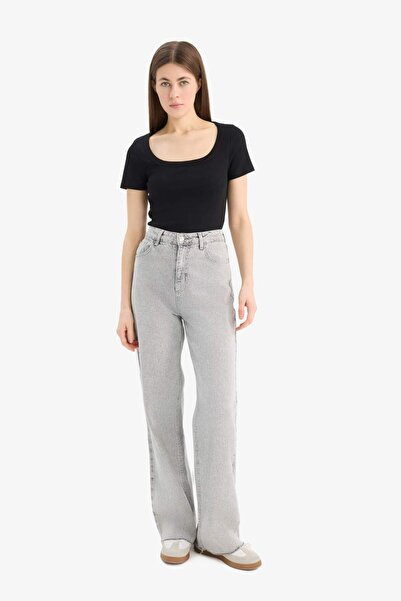 DeFacto Slim Fit Tight Fit Crew Neck Basic Plain Ribbed Camisole Short Sleeve Black T-Shirt F0684Ax25Sp