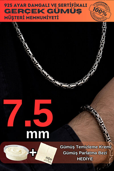 OSMANLI GÜMÜŞ Erkek Gümüş Bileklik Kolye Set - 7.5mm 925 Ayar Gümüş Yuvarlak ...