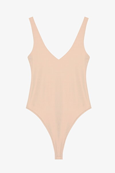 Quzu V Neck Basic Bodysuit Beige