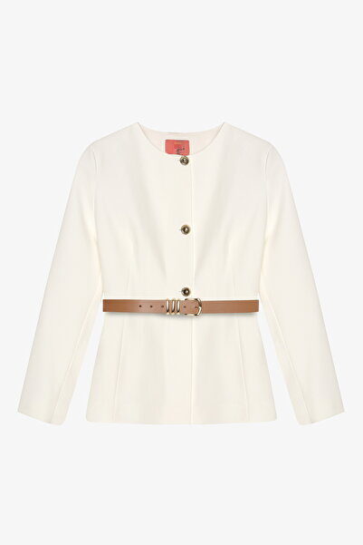 Quzu Round Neck Jacket with Belt Accessories Ecru