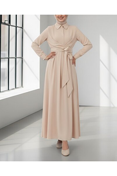 Modamorfo Half Buttoned Cross Tie Front Dress -Beige