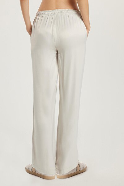 Tudors Kadın Regular Fit Beli Lastikli Bağlamalı Saten Palazzo Geniş Paça Gri Pantolon