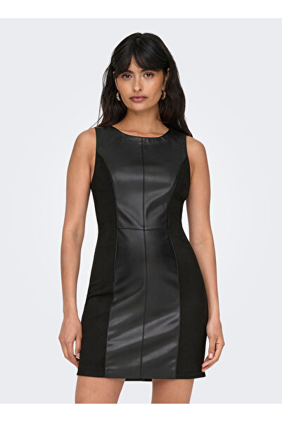 ONLY O Yaka Düz Siyah Standart Kadın Elbise ONLRAFIA FAUX LEATHER MIX DRESS OTW