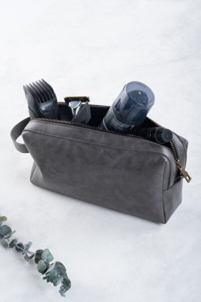 DK LEATHER Erkek Gri Portfoy El Çantası Pu Deri Günlük Seyahat Tıraş Çantası - Fermuarlı Ve Taşıma Saplı