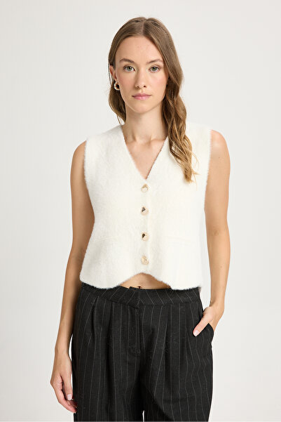 minaaise Women's White Knitwear Vest Gold Button Detailed Soft Textured 2541