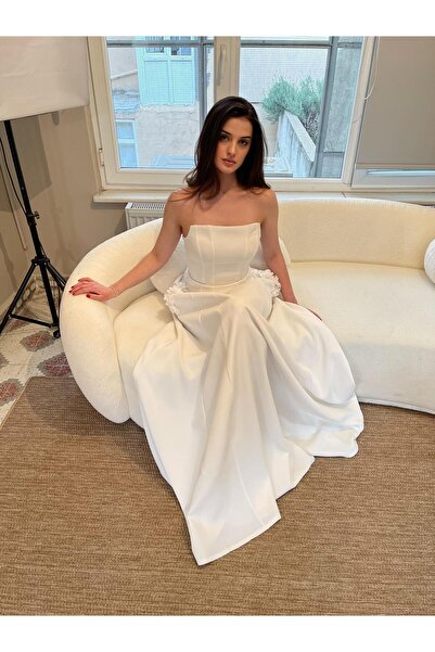 Seri Krep Uzun Kloş Cep Detay Üzeri Çiçek İşlemeli Abiye Elbise