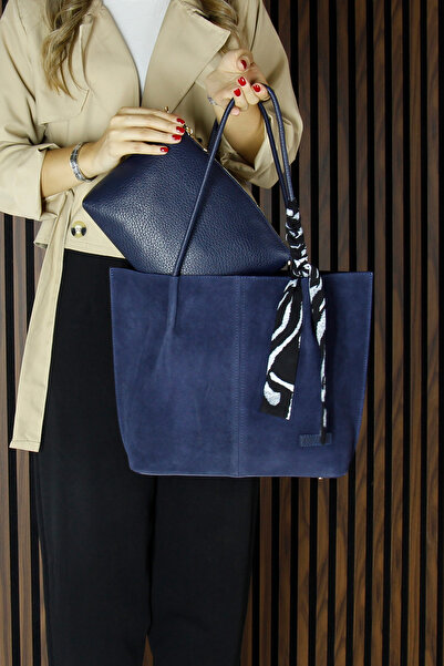 Erkan Saçmacı Navy Blue Genuine Cowhide Suede Magnetic Closure Large Size Daily Shoulder Bag and Handbag with Strap