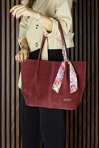 Erkan Saçmacı Burgundy Genuine Cowhide Suede Magnetic Closure Large Size Daily Shoulder Bag and Handbag with Strap