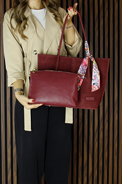 Erkan Saçmacı Burgundy Genuine Cowhide Suede Magnetic Closure Large Size Daily Shoulder Bag and Handbag with Strap