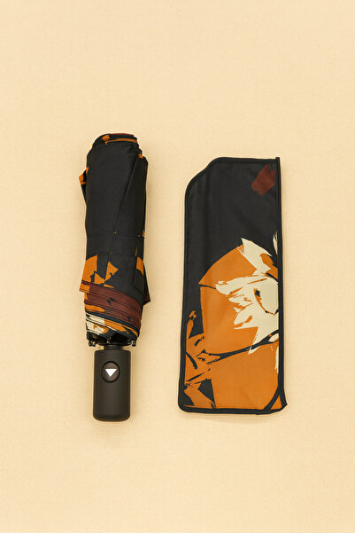 Chunky Frame Otomatik Fonksiyon Açma Kapama Fiber Tel Kılıflı Yaprak Desenli Siyah Kadın Şemsiye