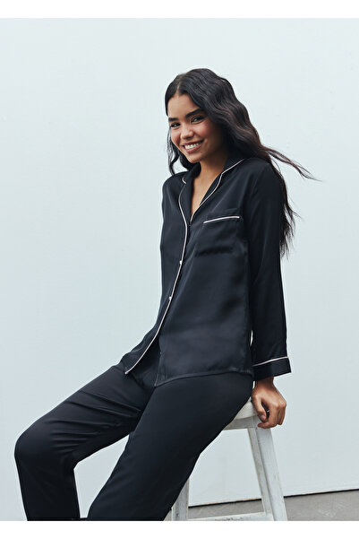 Feu De Elu Amour Siyah Uzun Saten Pijama Takımı