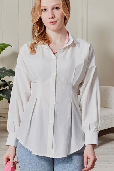 fumel women's clothing Women's Ecru Pleated Back Gimped Waist Tunik