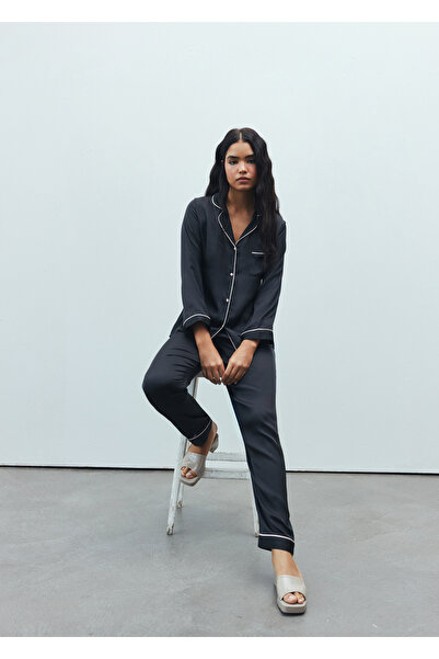 Feu De Elu Amour Siyah Uzun Saten Pijama Takımı