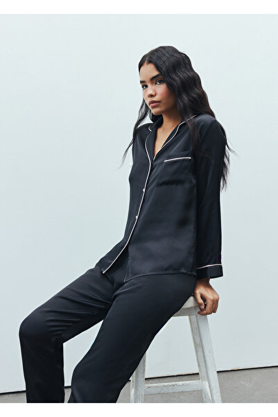 Feu De Elu Amour Siyah Uzun Saten Pijama Takımı