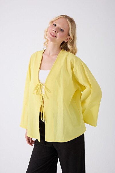 Fumel Women's Yellow Double Tie Slit Sleeve Kimono