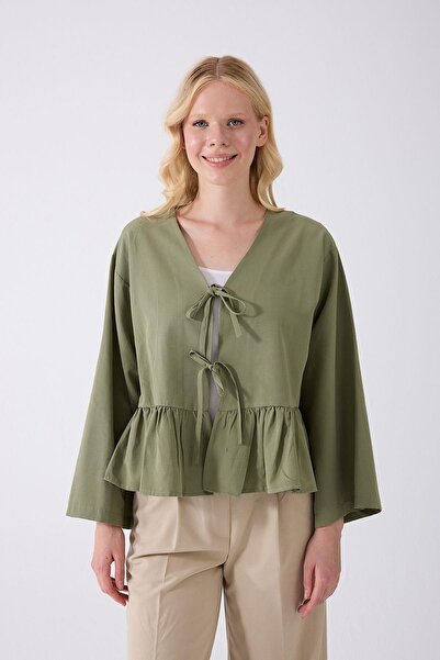 Fumel Khaki Ruffled Kimono with Front Bag
