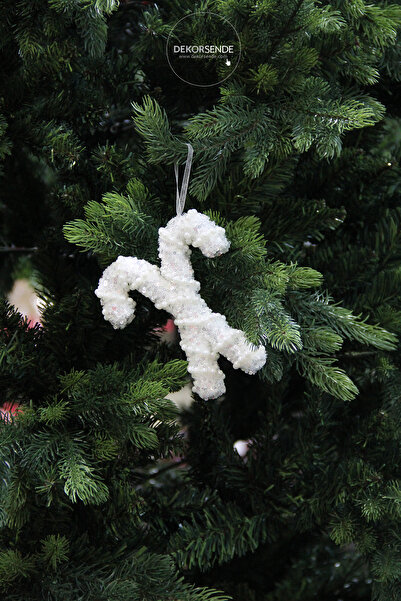 Dekorsende عصا زينة رأس السنة مرصعة باللؤلؤ والفضي، بيضاء مزدوجة، 15 سم