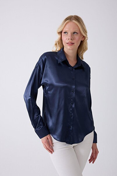 fumel women's clothing Γυναικείο πουκάμισο Navy Blue Satin