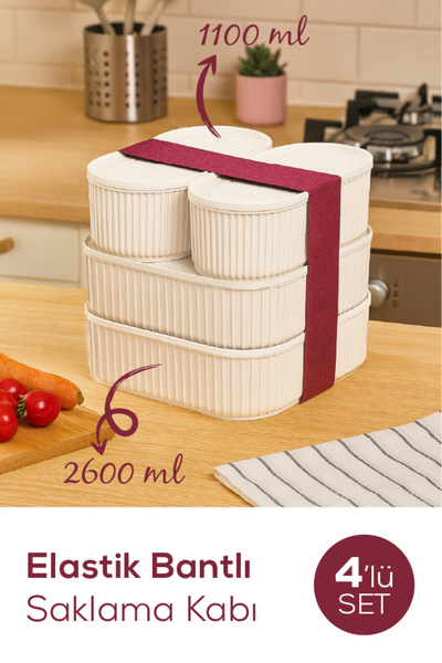 Vienev Stackable Storage Bowl Set with Elastic Band - 4 Pcs, 2X(1100 ml), 2X(2600 ml), Beige