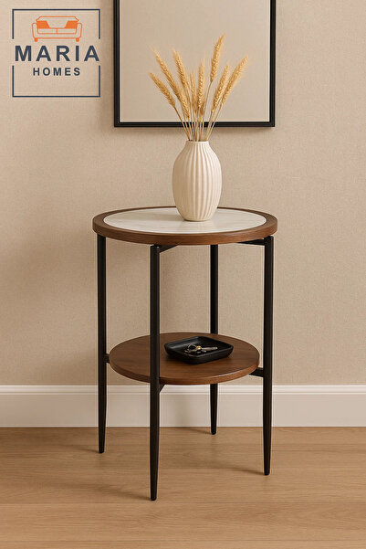MARIA HOMES طاولة جانبية مستديرة مع سطح مستوحى من الرخام الأبيض ورف خشبي
