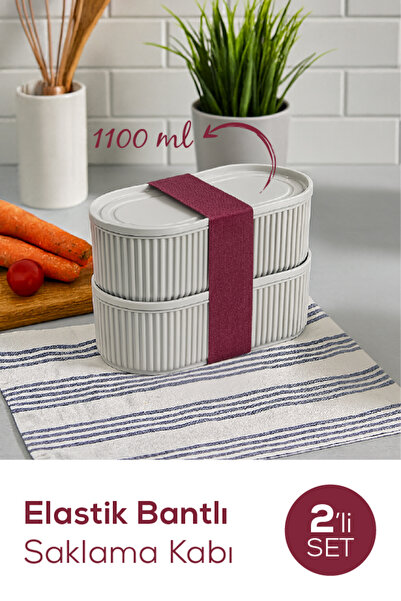 Vienev Set of 2 Gray Storage Containers - Elastic Band, Stackable, 1100 ml