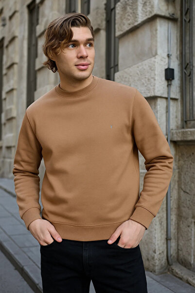 COMBİNE MİCHAİL Pánská mikina s výstřihem v karamelové barvě