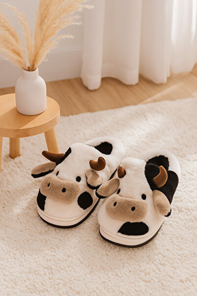 StWenn Зимни унисекс домашни чехли с бродирана фигурка на крава и безшумна нехлъзгаща се подметка