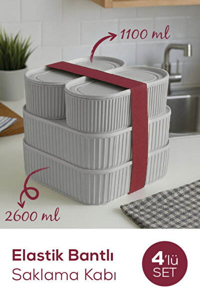 Vienev Set of 4 Gray Stackable Storage Containers - with Elastic Band, 2X(1100 ml) 2X(2600 ml)