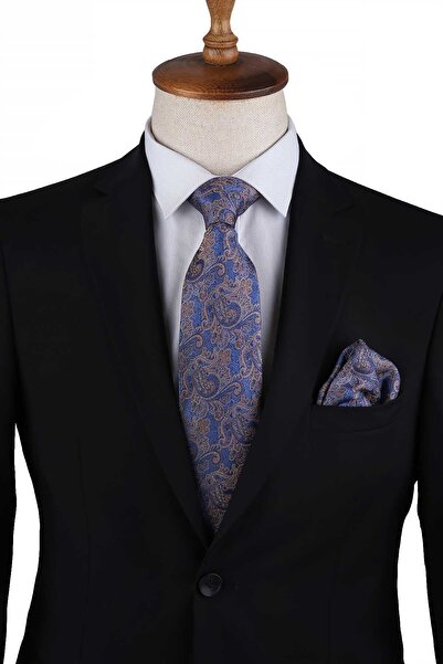 Kravatkolik Mavi Şal Desen Mendilli Klasik Kravat KK13125