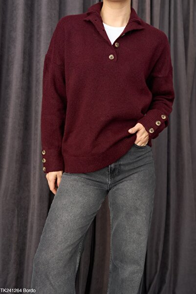 NATUFIAN STORE Women's Oversized Soft Knitwear Sweater with Buttoned Sleeves and Collar