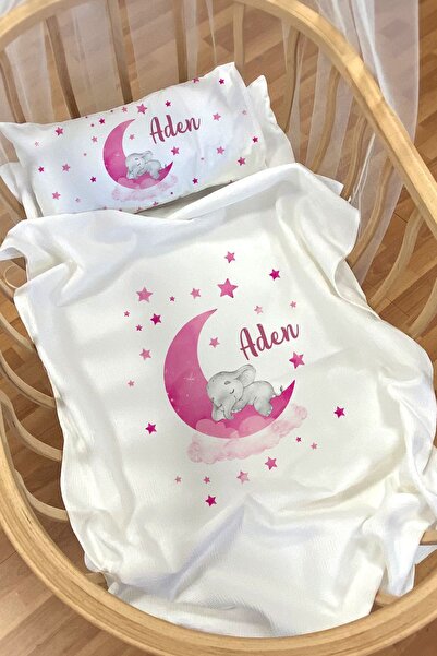 Homamia Isme Özel Pike Seti 70x120 Anne Yanı Ve Park Yatak Pembe Aydaki Fil