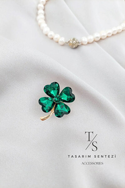 Tasarım Sentezi Broş Metal Rozet Yonca Yeşil Taşlı Çiçek Dört Yapraklı Yaka Kıyafet Şapka Takı Aksesuar Hediye