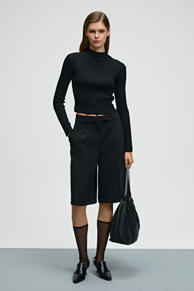 GRIMELANGE Calida Women's Stand Collar Ribbed Look Slim Fit Knitwear Black Sweater