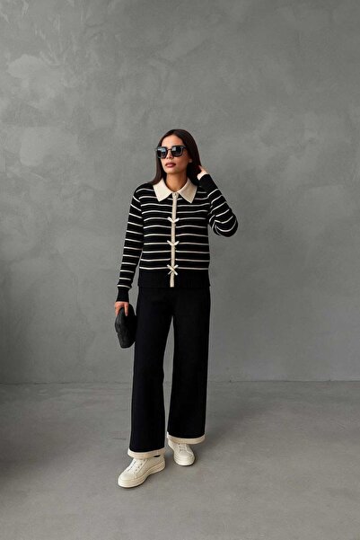 MAY MARA Women's Striped Cardigan and Pants 2-Piece Knitwear Set