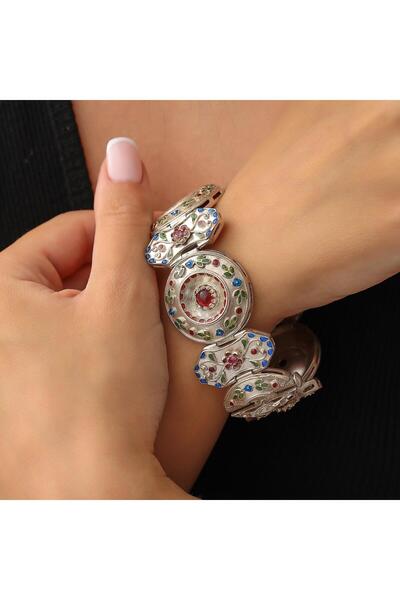 Nusret Takı 925 Ayar Gümüş Mineli Yuvarlak Paftalı Bileklik