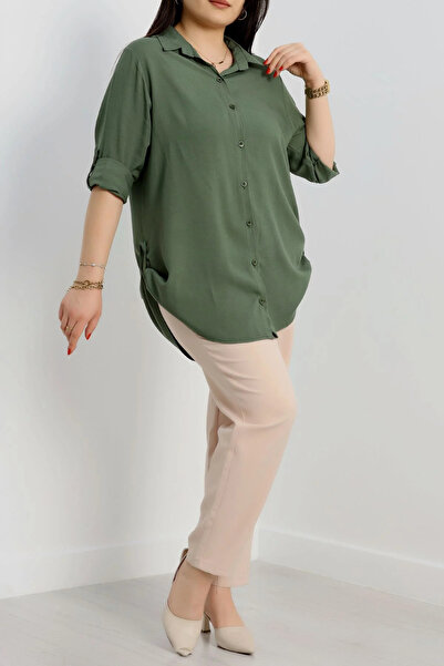 FOR ESRA BIG TREND Women's Haki Plus Size Solid Color Sleeve and Side Fold Woven Viscose Shirt