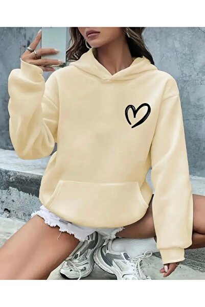 FUFLUNS Oversize Unisex Hooded Sweatshirt with Heart Print