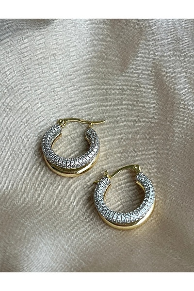 GİS JEWELRY Çelik Gold Taşlı Duo Küpe