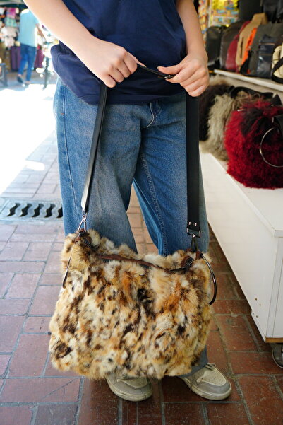 Mocikon Wildcat-Looking, Genuine Fur, Wide Women's Bag with Shoulder Strap