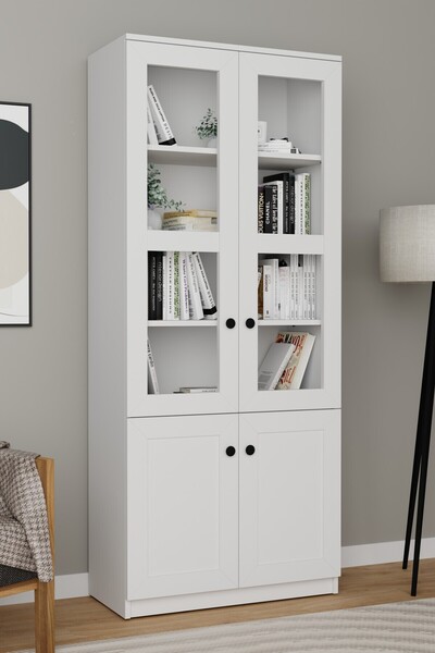 midoser Lisa 4 Kapaklı Beyaz Vitrin - Kitaplık ve Çok Amaçlı Dolap