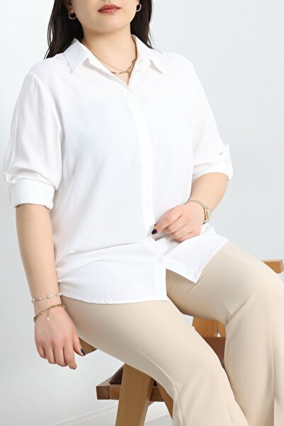 FOR ESRA BIG TREND Γυναικείο υφαντό πουκάμισο βισκόζης με μονόχρωμο μανίκι και διπλωμένο στο πλάι