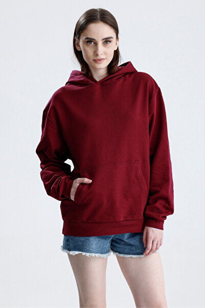 Sofist İstanbul Burgundy Relaxed Fit Unisex Hoodie 100% Cotton Hooded Kangaroo Pocket Solid Color Sweatshirt