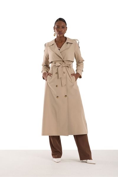 Soydan Güner Su Geçirmez Kırışmaz Astarsız Uzun Kruvaze Yazlık Trençkot Koyu Bej 7650