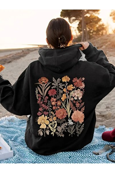 FUFLUNS سويت شيرت كبير الحجم مطبوع عليه زهور من الأمام والخلف