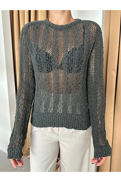 My Blog Khaki Crew Neck Openwork Knit Blouse - 4413
