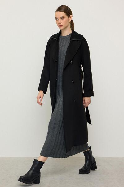 Olcay Knitwear Collared Raglan Sleeve Cashmere Coat Black 3099
