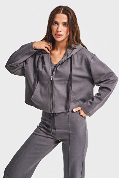 its basic Жіночий антрацитовий колір w5-45 Трикотажна тканина Фларе Спортивний костюм Бюстгальтер і світшот на блискавці Комбінація з 3 предметів