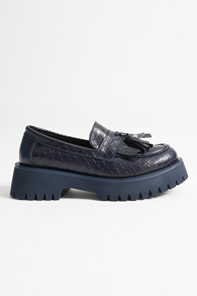 EMOYRA Mina Women's Daily Navy Blue Crocodile Printed Loafer Shoes