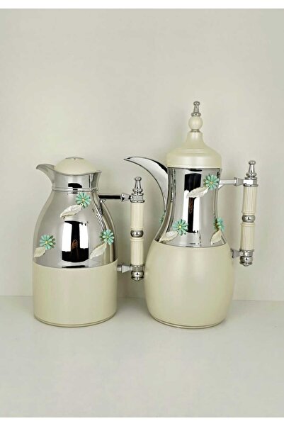 D&H Elegant 1L + 1L Vacuum Flask Set Ivory Silver | ABS Push Button Thermos for Hot & Cold Drinks